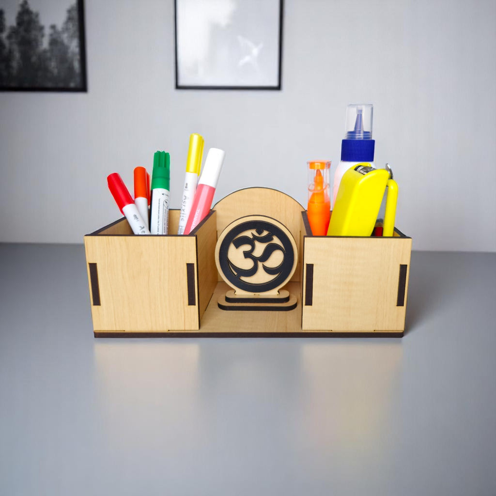 Wooden Desk Organizers and pen-pencil holder with OM Idol placed