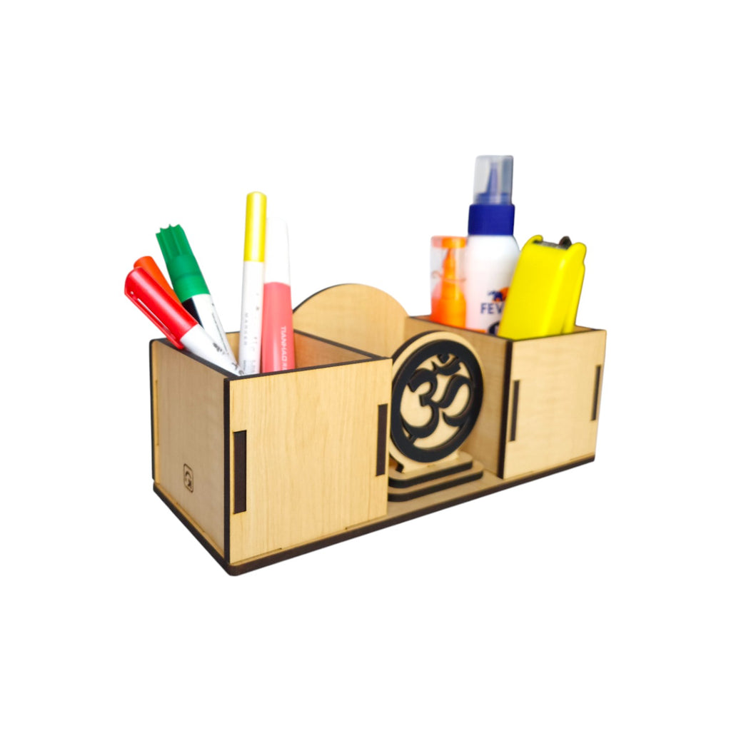 Wooden Desk Organizers and pen-pencil holder with OM Idol placed