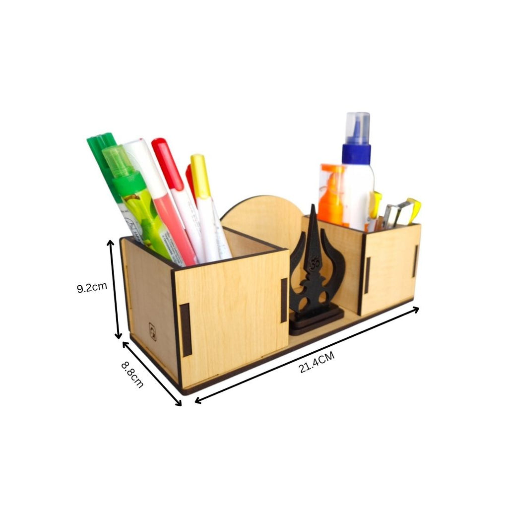 Wooden Desk Organizers and pen-pencil holder with Trishul Idol placed in the middle Compartment