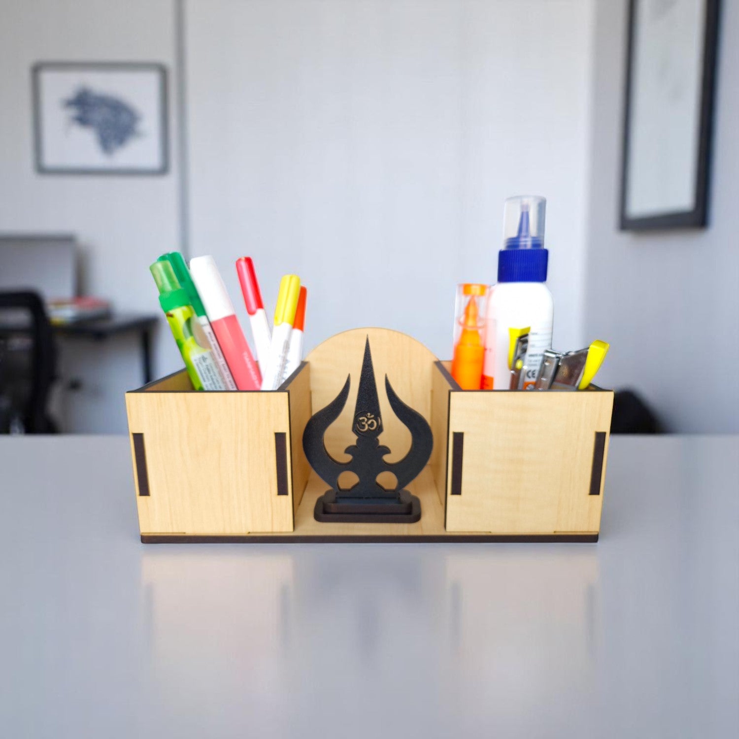 Wooden Desk Organizers and pen-pencil holder with Trishul Idol placed in the middle Compartment