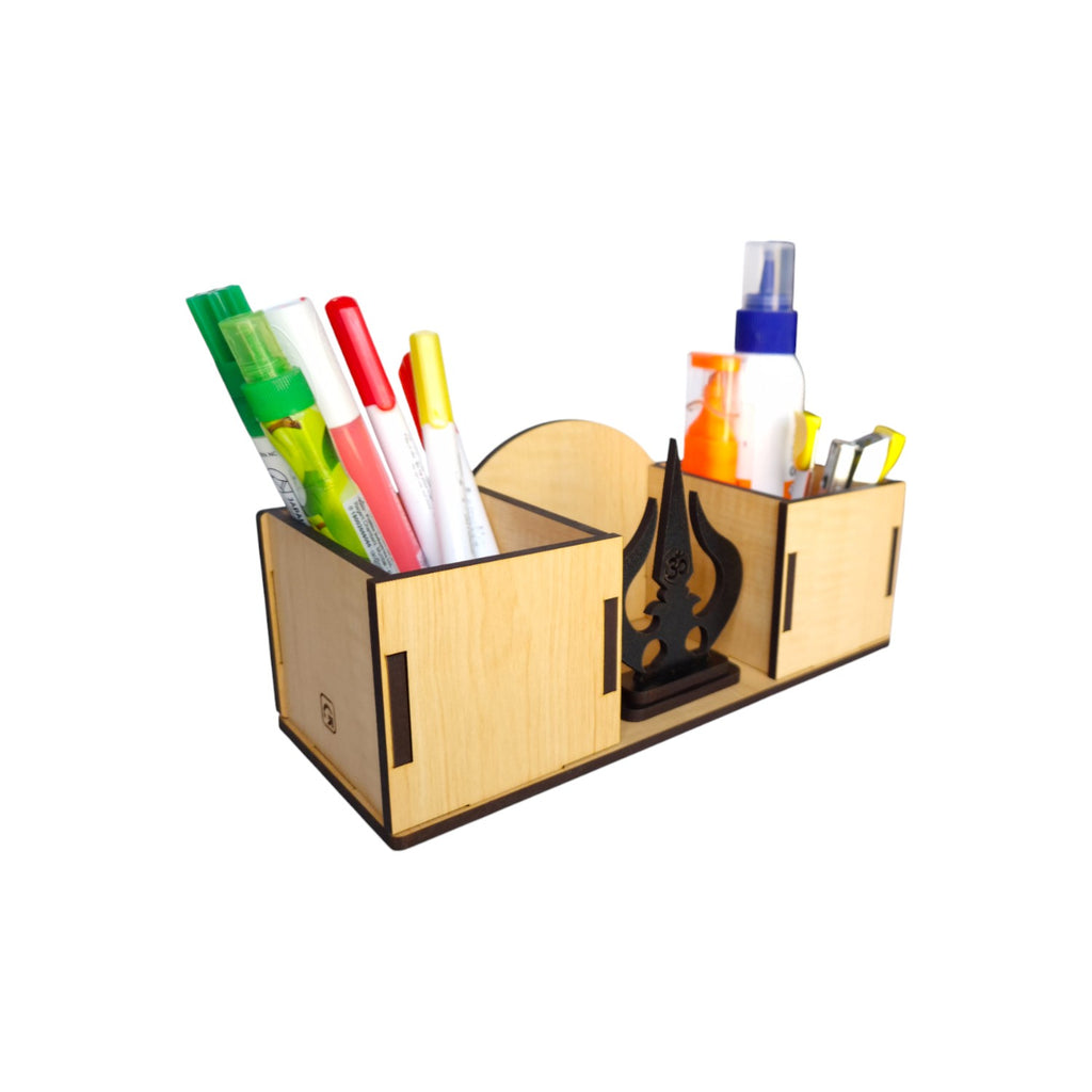 Wooden Desk Organizers and pen-pencil holder with Trishul Idol placed in the middle Compartment