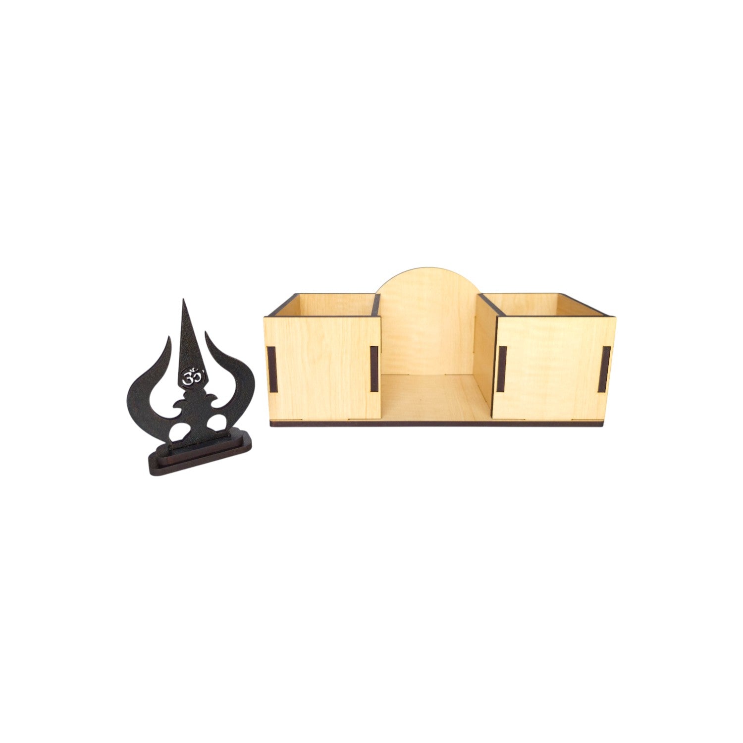 Wooden Desk Organizers and pen-pencil holder with Trishul Idol placed in the middle Compartment