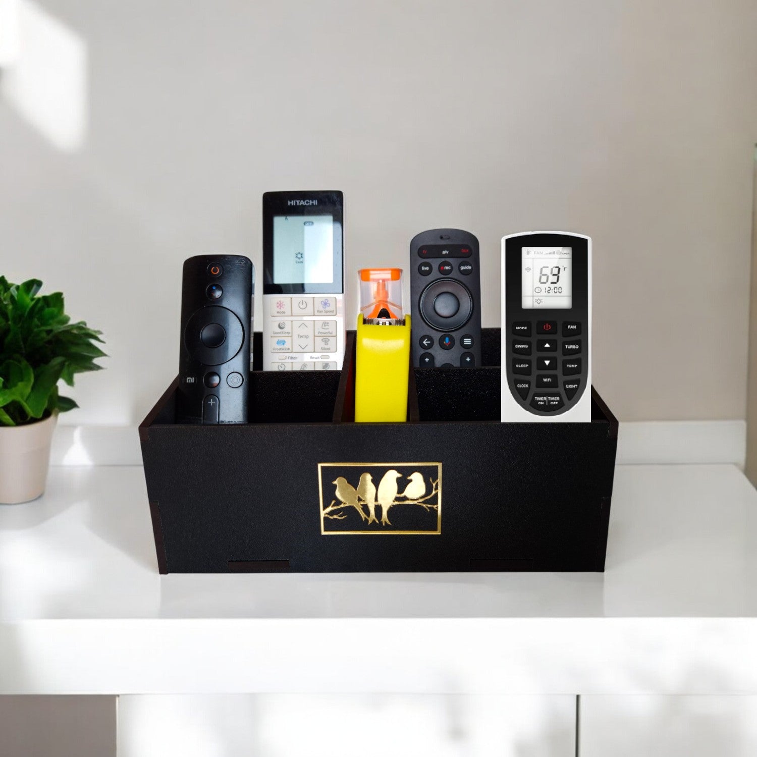 Wooden Remote Control Holder, Desktop Media Storage Box, 5 Compartment Stationery Organizer or Desk Organizer for Office & Home