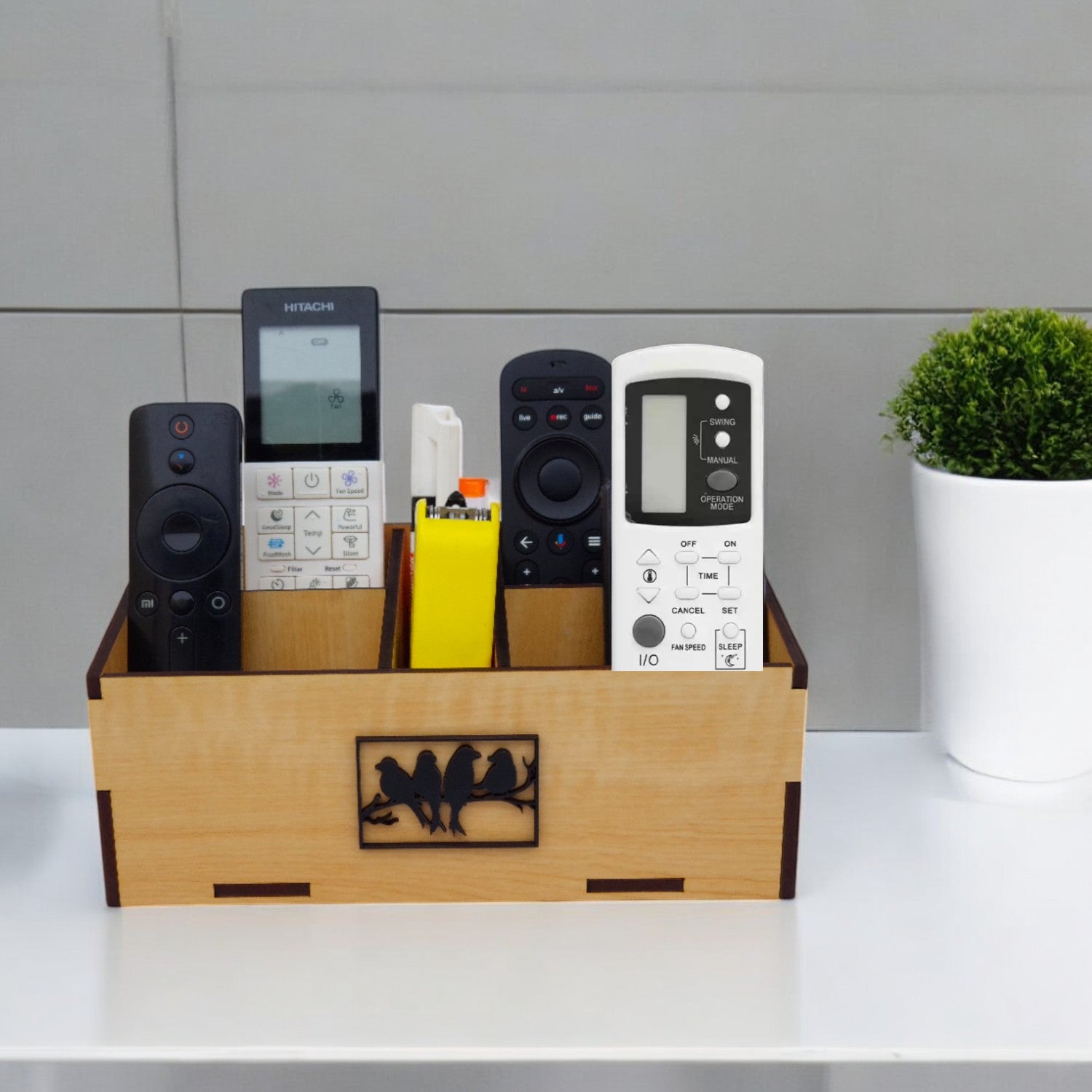 Wooden Remote Control Holder, Desktop Media Storage Box, 5 Compartment Stationery Organizer or Desk Organizer for Office & Home