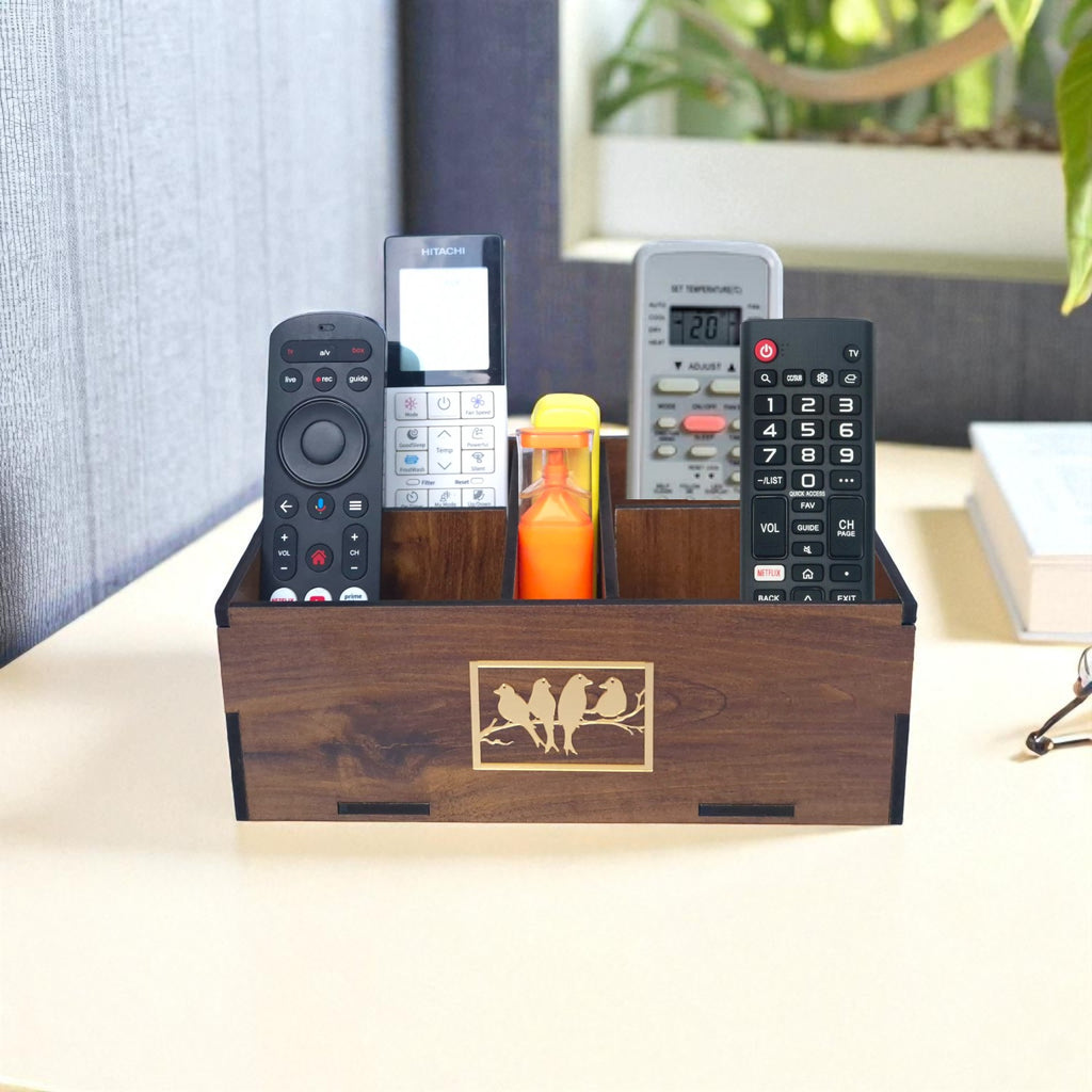 Wooden Remote Control Holder, Desktop Media Storage Box, 5 Compartment Stationery Organizer or Desk Organizer for Office & Home