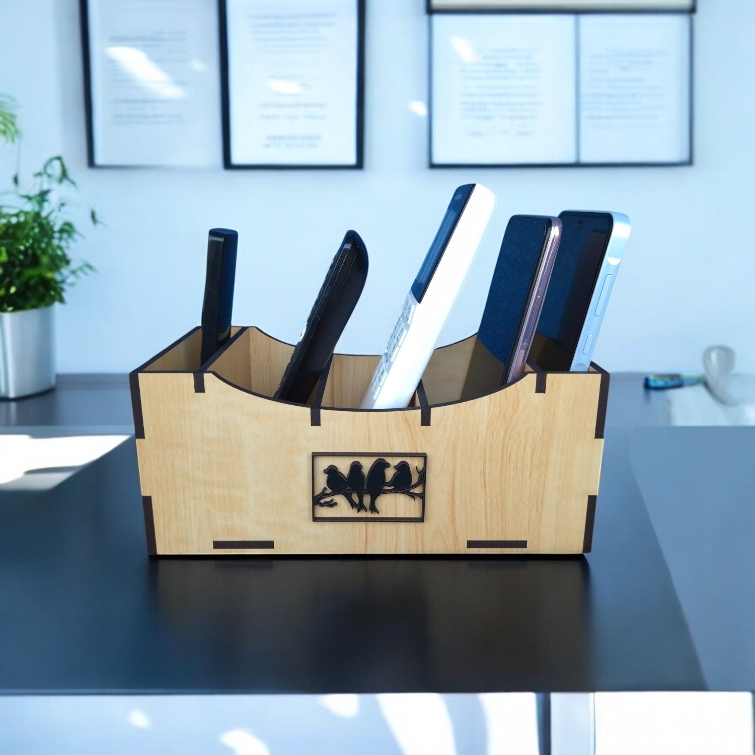 Wooden Multipurpose Remote and Staionery Stand for Office & Home | 5 Compartment