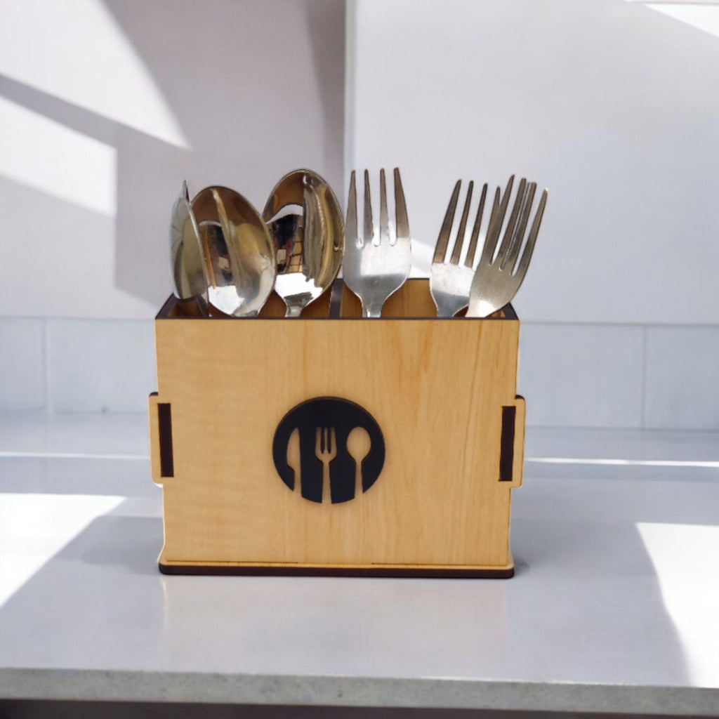 Wooden Cutlery Stand for Kitchen & Dining Table | Spoon, Knife & Fork Holder |2 Compartments