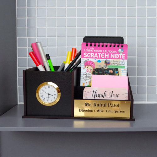 "  3 Compartment Desk Organizer with Clock | Desk Calendar | Desk Accessories Holder "