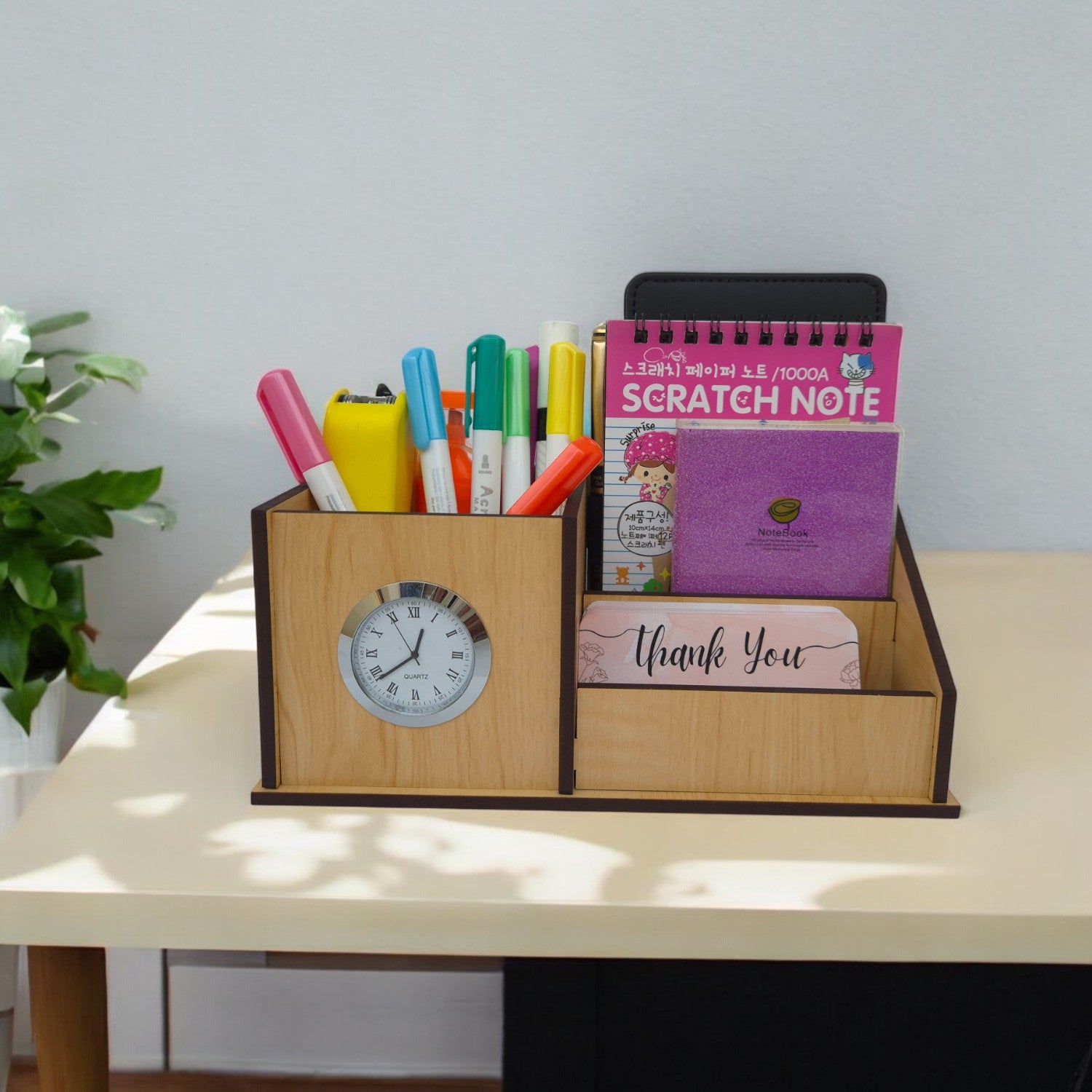 "  3 Compartment Desk Organizer with Clock | Desk Calendar | Desk Accessories Holder "