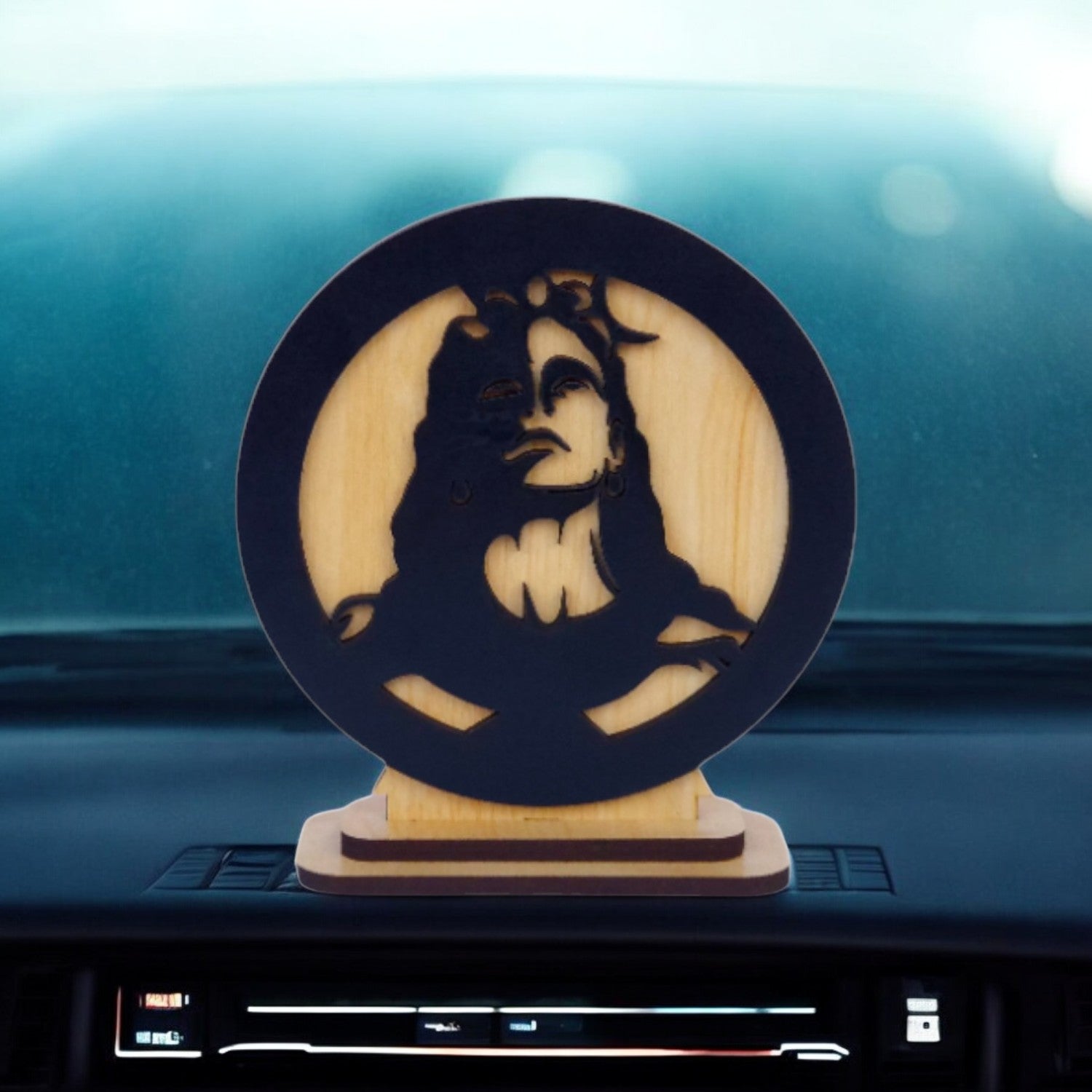 Adiyogi Idol for Car Dashboard Wooden Round Ram Parivar Murti Idol for Home Decor Pooja Room Office Study Table Showpiece