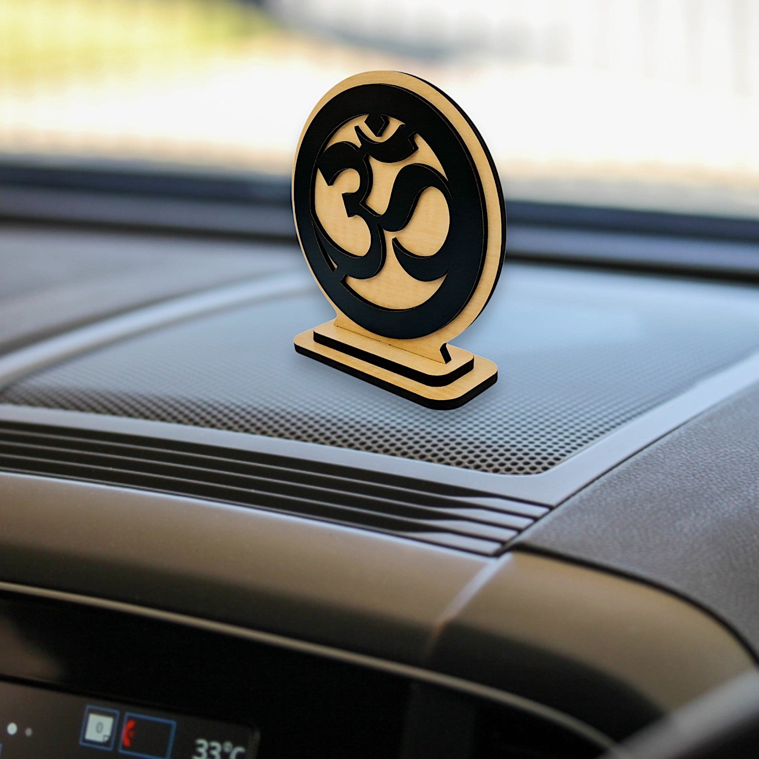 OM Idol for Car Dashboard Wooden Round Ram Parivar Murti Idol for Home Decor Pooja Room Office Study Table Showpiece