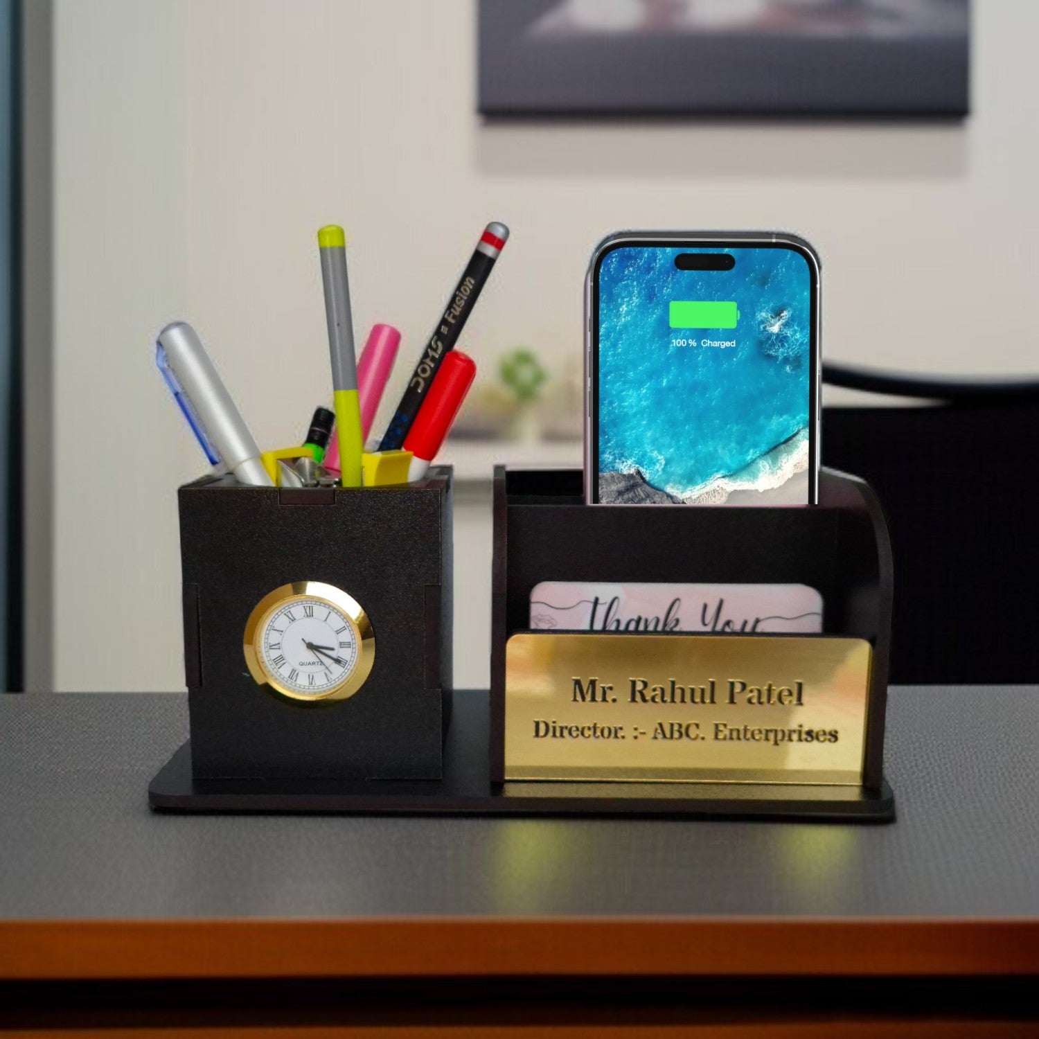Wooden Pen Pencil Stand With Clock, Mobile and visiting Card Holder | 2+1 Compartment