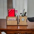 Wooden Pen Pencil Stand With Clock, Mobile and visiting Card Holder | 2+1 Compartment