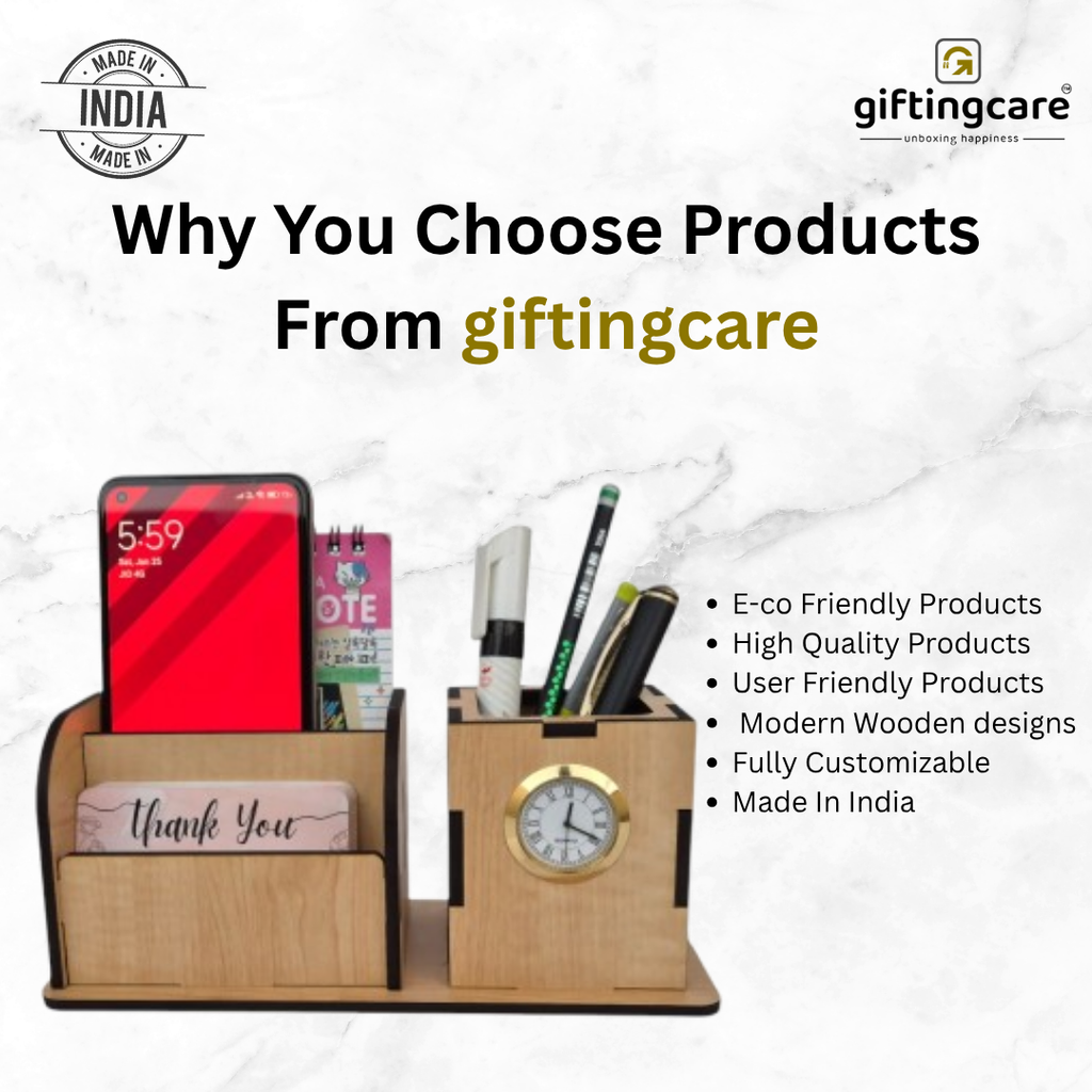 Wooden Pen Pencil Stand With Clock, Mobile and visiting Card Holder | 2+1 Compartment