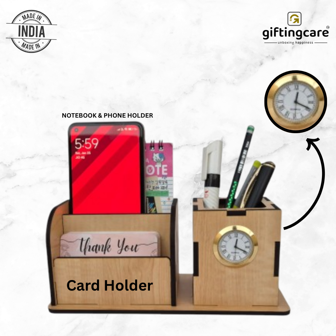 Wooden Pen Pencil Stand With Clock, Mobile and visiting Card Holder | 2+1 Compartment
