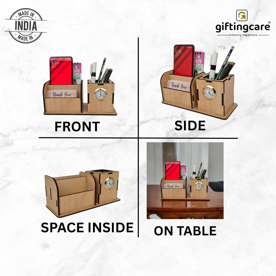 Wooden Pen Pencil Stand With Clock, Mobile and visiting Card Holder | 2+1 Compartment