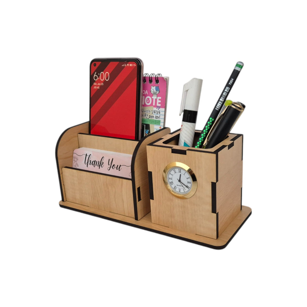 Wooden Pen Pencil Stand With Clock, Mobile and visiting Card Holder | 2+1 Compartment