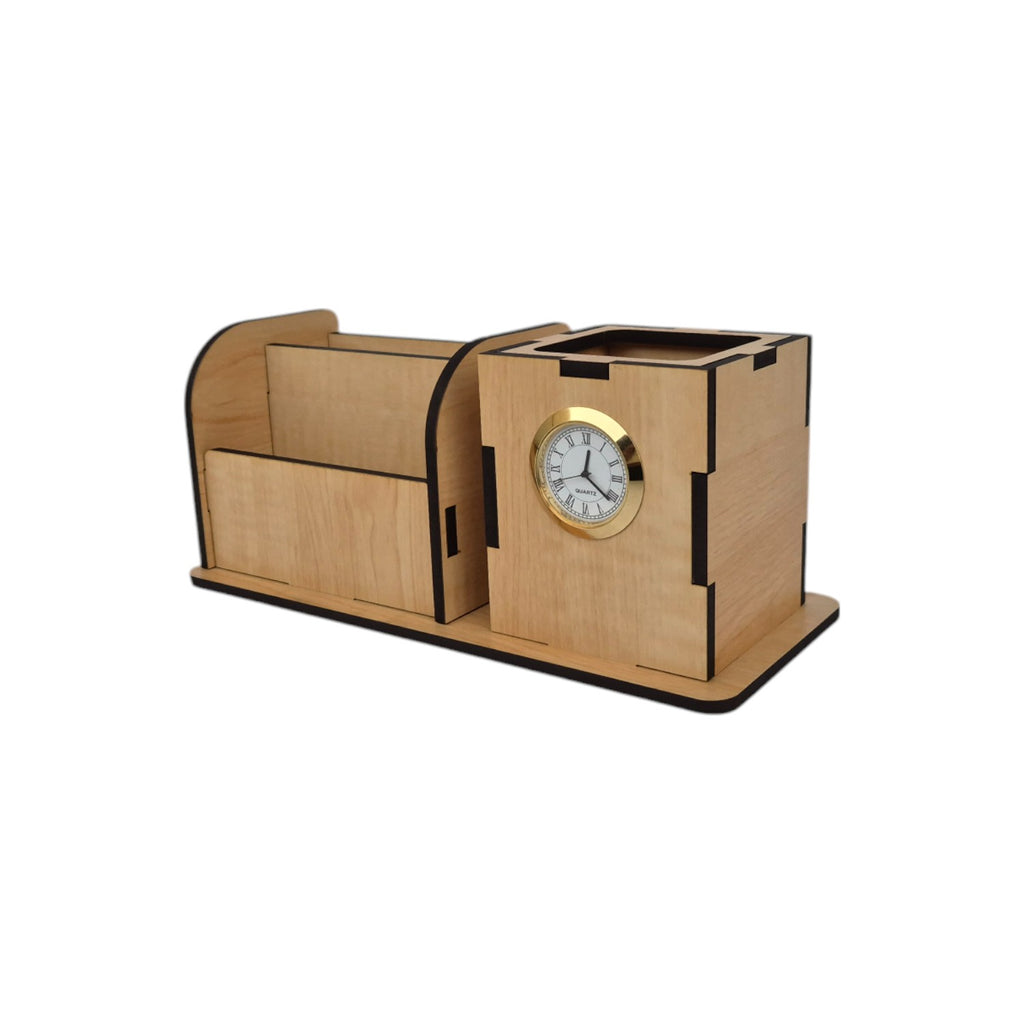 Wooden Pen Pencil Stand With Clock, Mobile and visiting Card Holder | 2+1 Compartment