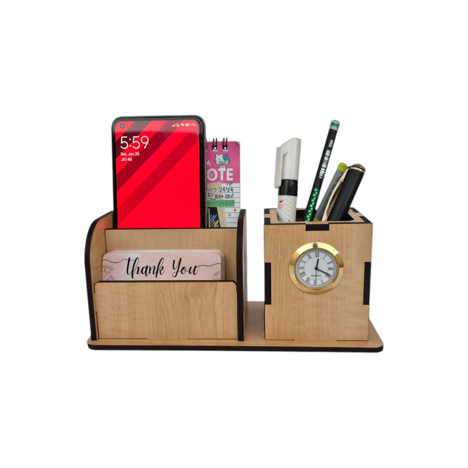Wooden Pen Pencil Stand With Clock, Mobile and visiting Card Holder | 2+1 Compartment