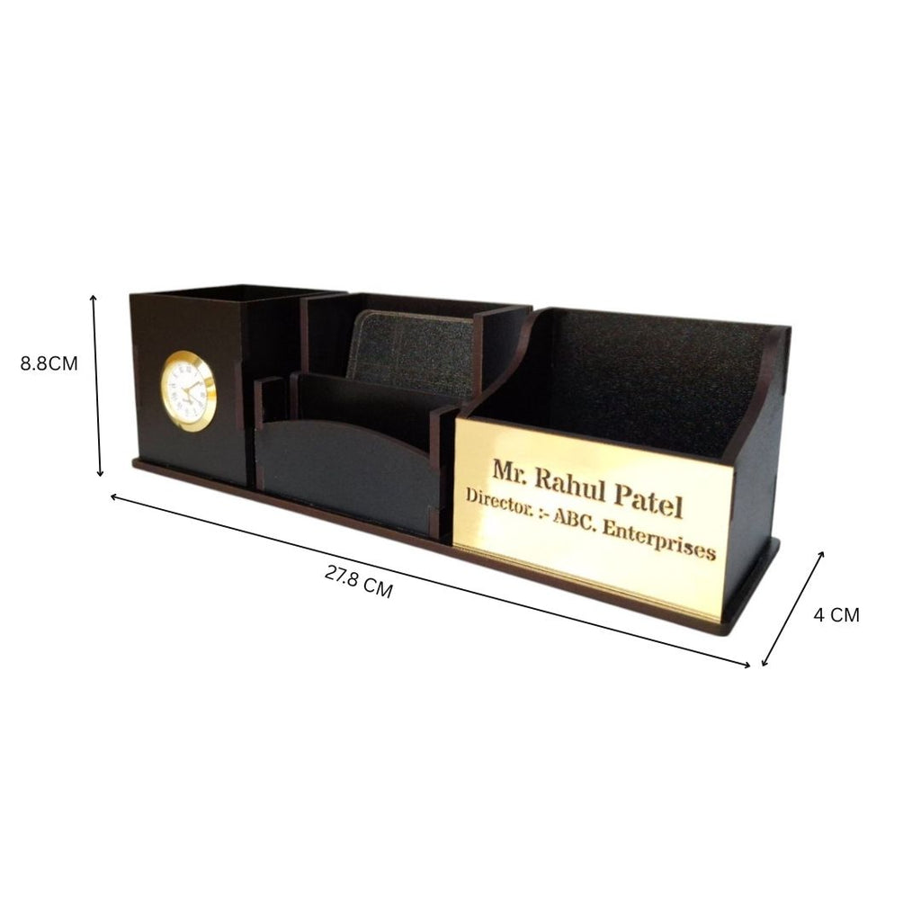 Wooden Pen Stand with Clock, Mobile stand, Card Holder and Tea Coaster | 4 Compartment (Black)