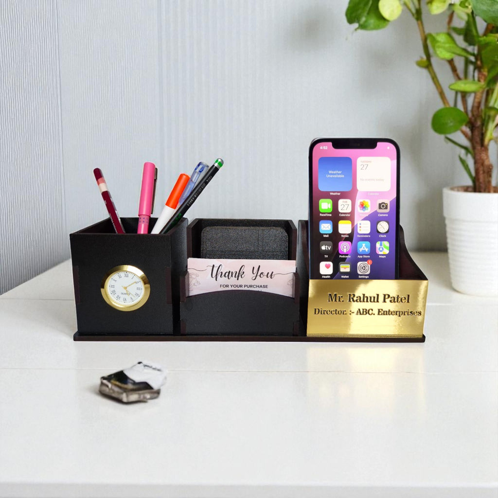 Wooden Pen Stand with Clock, Mobile stand, Card Holder and Tea Coaster | 4 Compartment (Black)