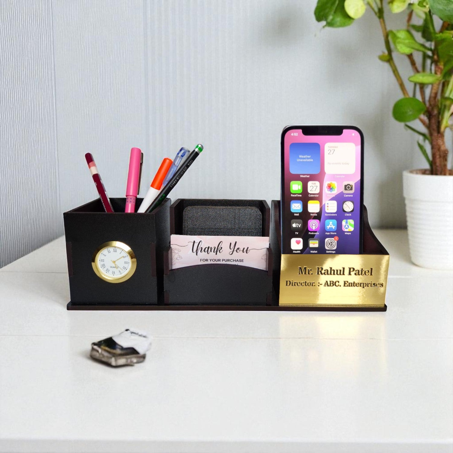 Wooden Pen Stand with Clock, Mobile stand, Card Holder and Tea Coaster | 4 Compartment (Black)