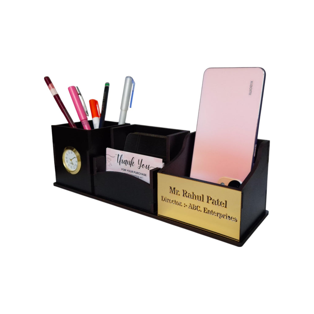 Wooden Pen Stand with Clock, Mobile stand, Card Holder and Tea Coaster | 4 Compartment (Black)