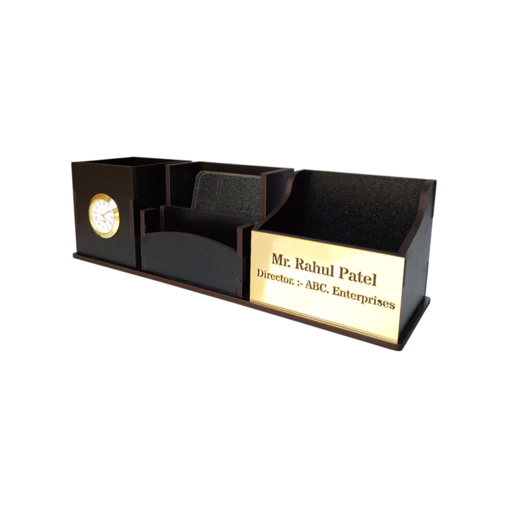 Wooden Pen Stand with Clock, Mobile stand, Card Holder and Tea Coaster | 4 Compartment (Black)