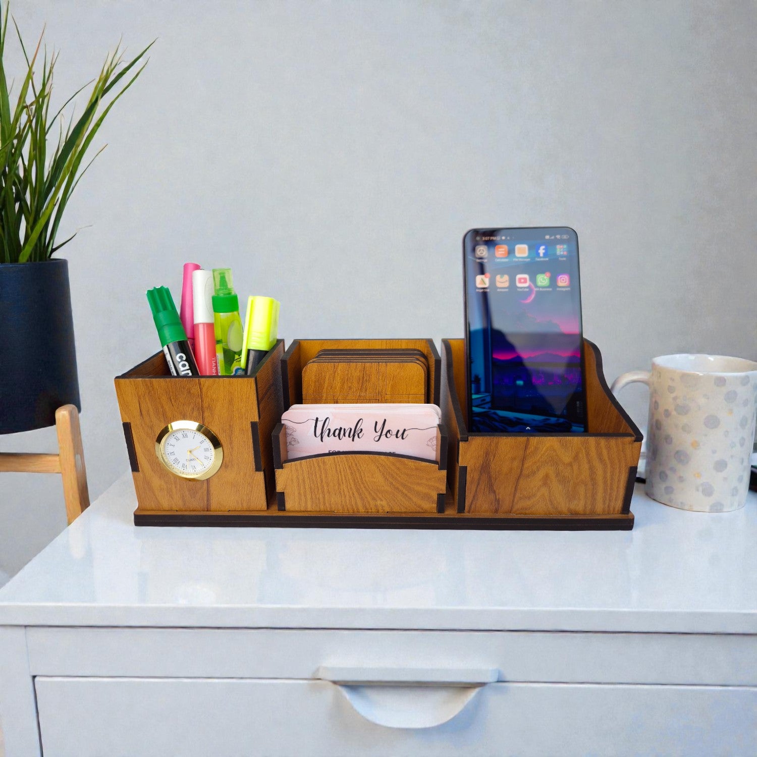 Wooden Pen Stand with Clock, Mobile stand, Card Holder and Tea Coaster | 4 Compartment (Black)