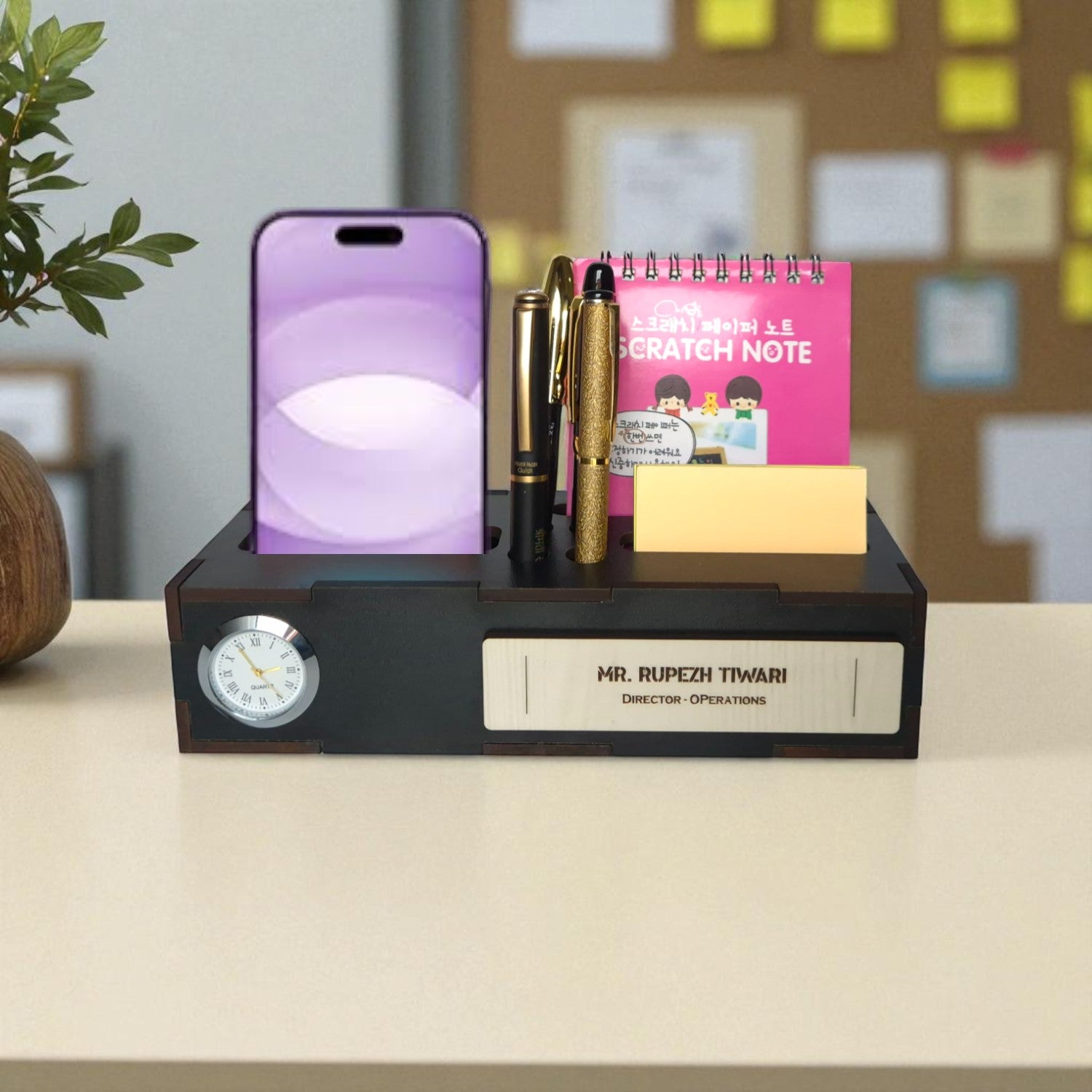 Personalized Office Desk Name Plate with Mobile Stand Holder Pen Stand Notepad holder-Wooden Desk Organizer