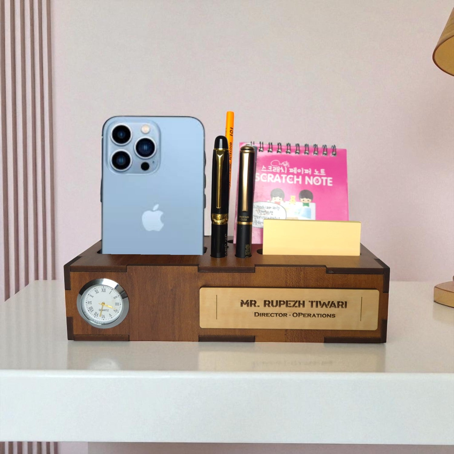 Personalized Office Desk Name Plate with Mobile Stand Holder Pen Stand Notepad holder-Wooden Desk Organizer