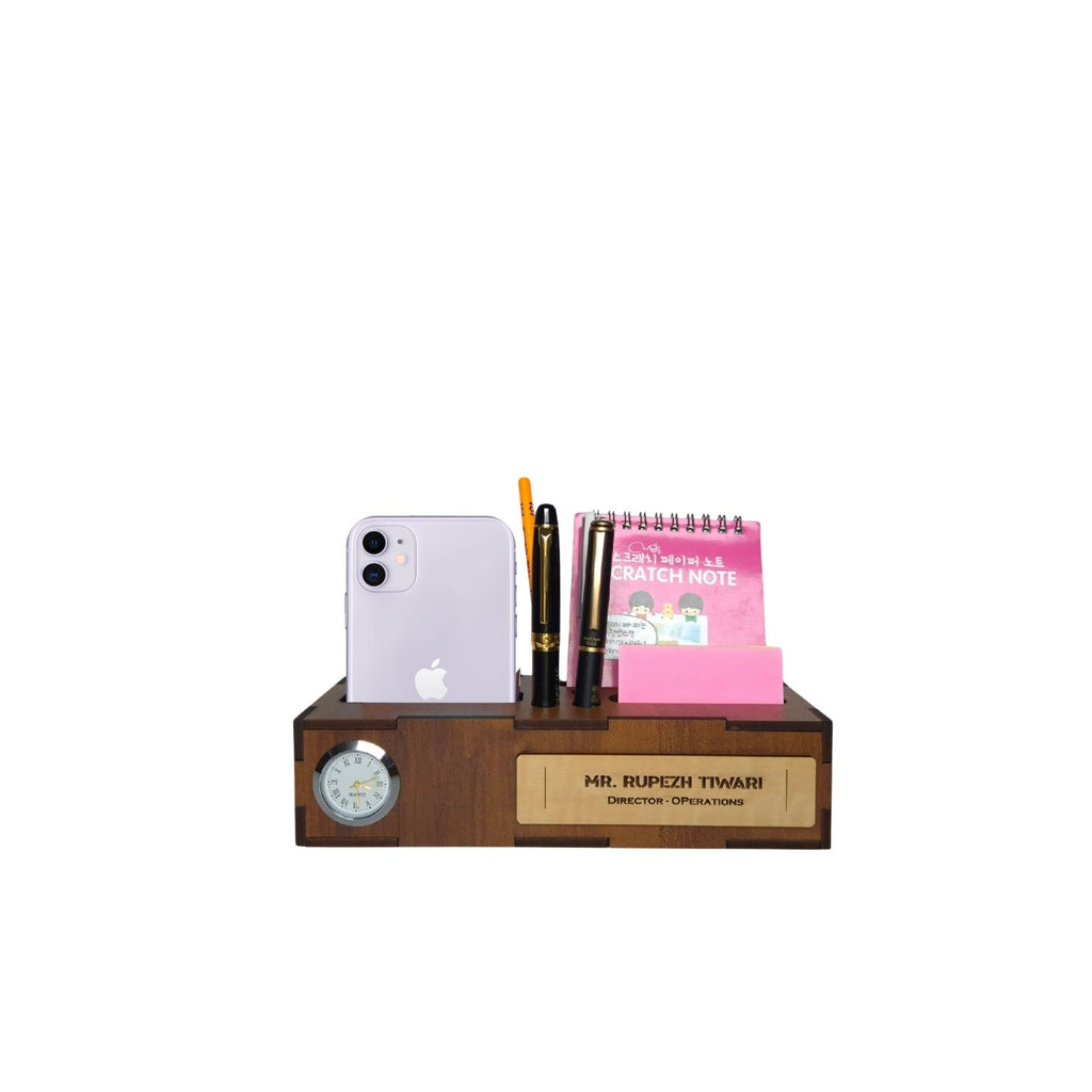 Personalized Office Desk Name Plate with Mobile Stand Holder Pen Stand Notepad holder-Wooden Desk Organizer