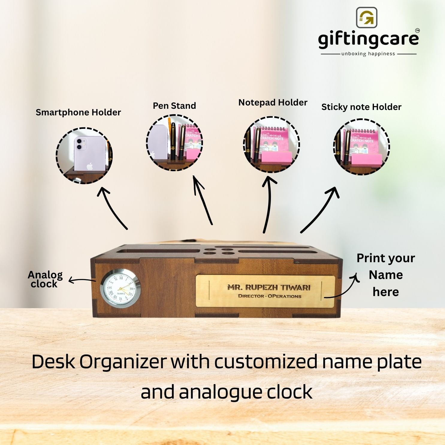 Personalized Office Desk Name Plate with Mobile Stand Holder Pen Stand Notepad holder-Wooden Desk Organizer