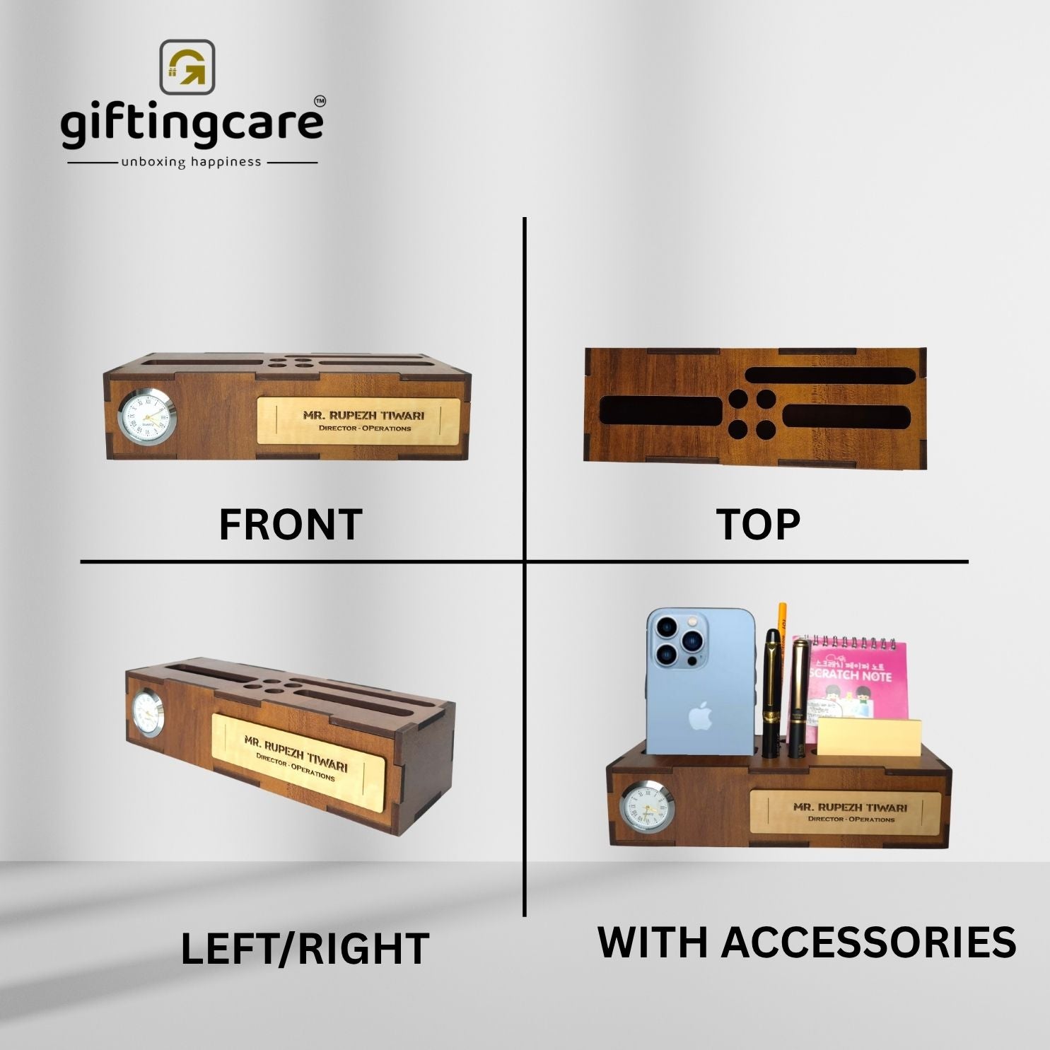 Personalized Office Desk Name Plate with Mobile Stand Holder Pen Stand Notepad holder-Wooden Desk Organizer