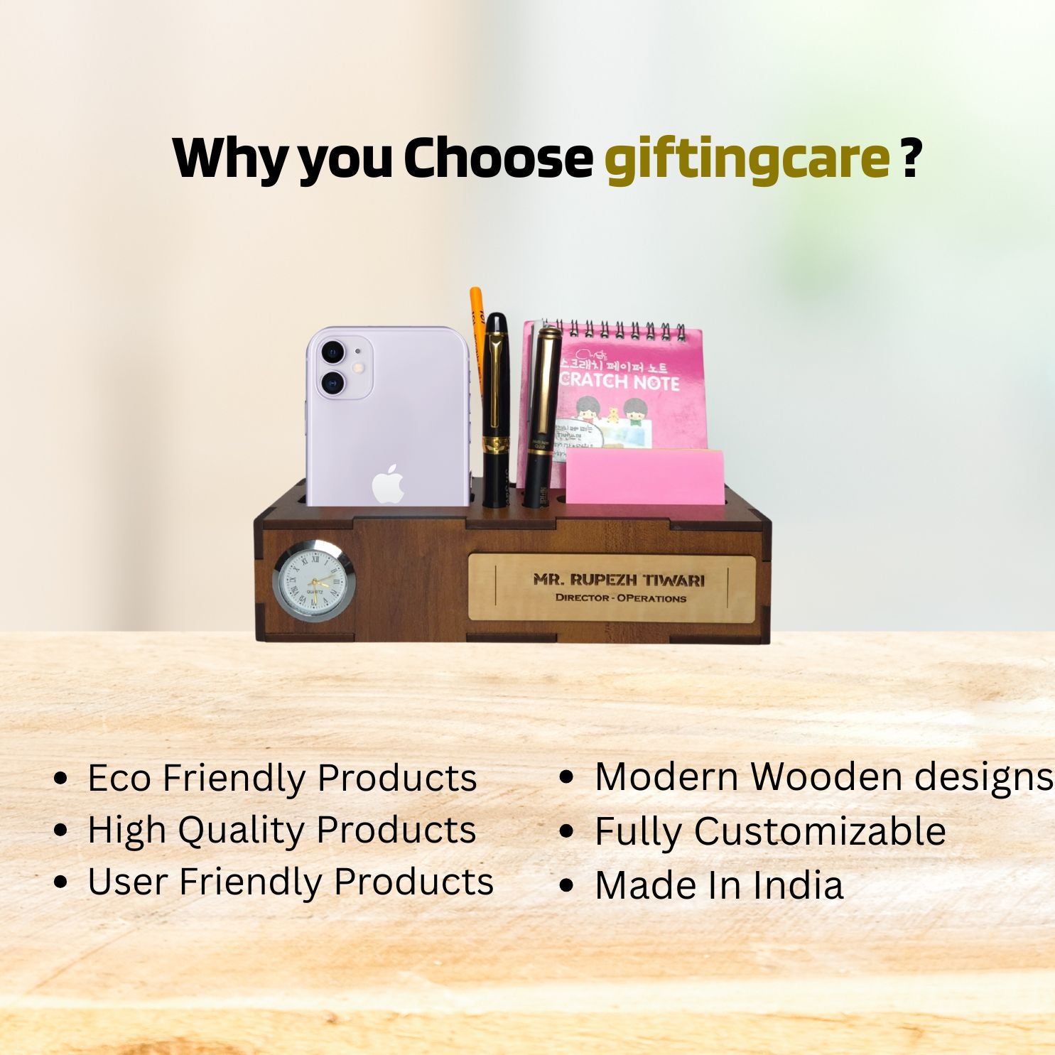 Personalized Office Desk Name Plate with Mobile Stand Holder Pen Stand Notepad holder-Wooden Desk Organizer