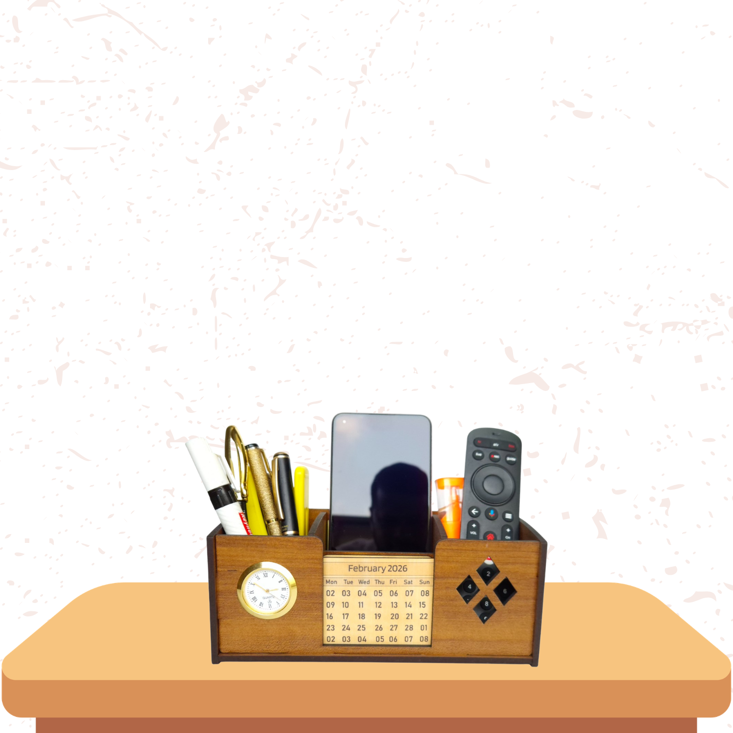 Desk Organizer With Mobile Holder, Remote & Visiting Card Holder | Multipurpose Wooden Pen And Pencil Holder Stand For Office Desk And Study Table