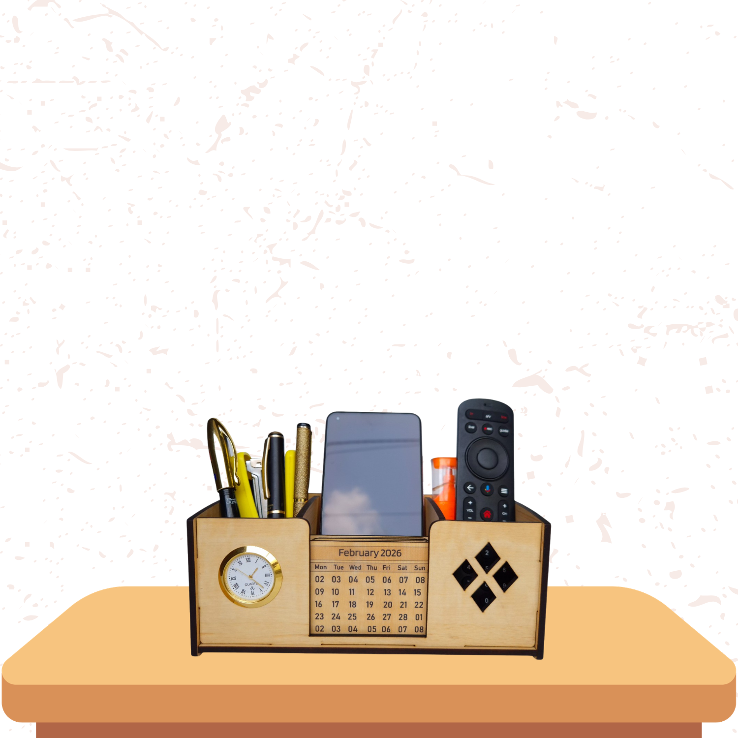 Desk Organizer With Mobile Holder, Remote & Visiting Card Holder | Multipurpose Wooden Pen And Pencil Holder Stand For Office Desk And Study Table