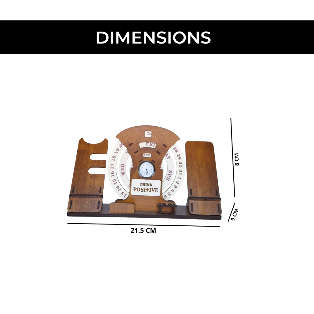 Circular lifetime wooden Desk Calendar with  Clock, Mobile Holder, Pen holders & Visiting Card for Office and home decoration | Desk Organizer for gifitng.